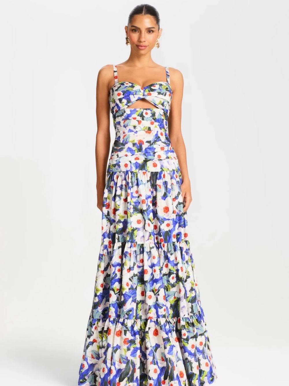 Floral Cutout Maxi Dress in White and Blue